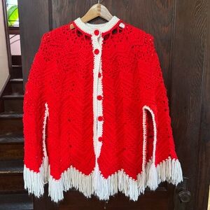 Handmade Vintage Red and White Crochet Fringe Women's Sweater Cardigan Cape